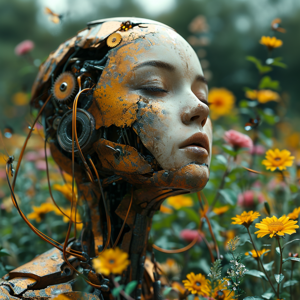 4. Image of a rusty cyborg bride surrounded by flowers