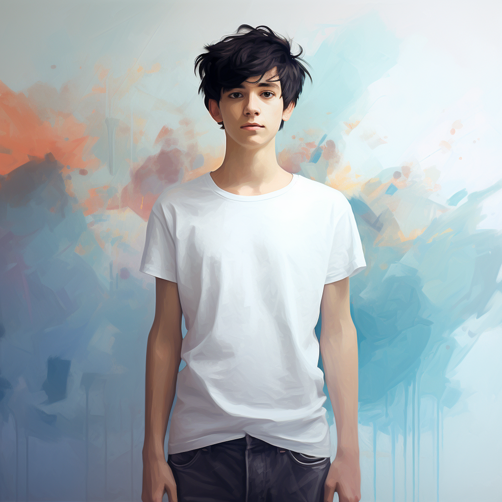 Young boy with black hair in light blue T-shirt