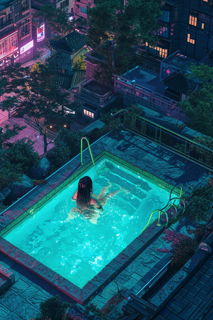 Aerial shot of woman in pool at night in Seoul