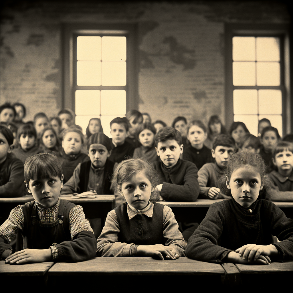 Children in 1885's classroom looking back