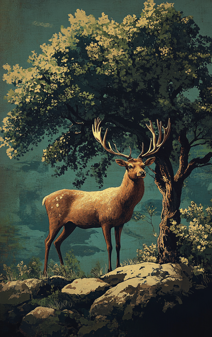 18th Century Baroque Deer By an Oak Tree