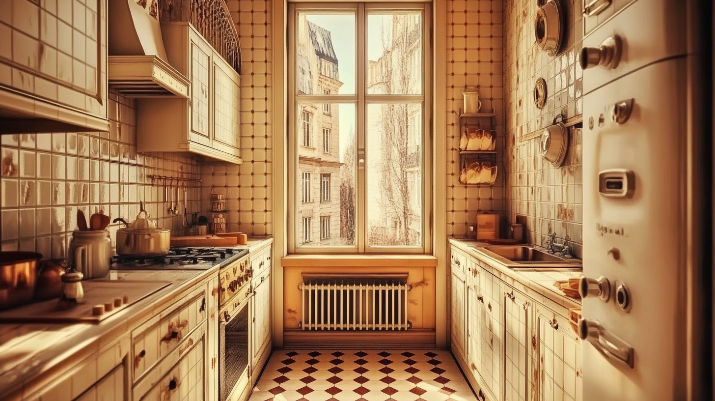 18th century kitchen with wide window, antique chimney, Euro theme.