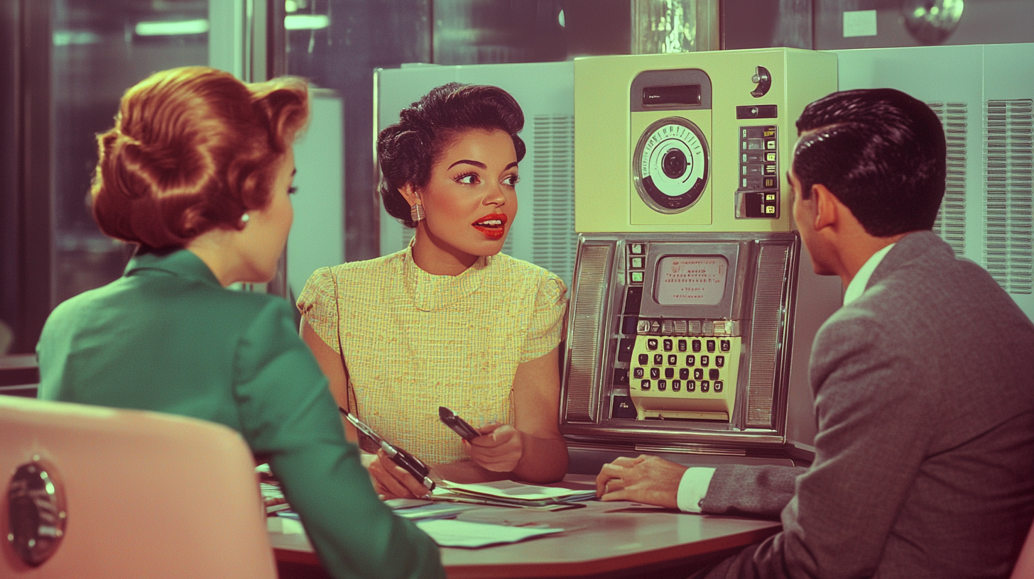 1950s Retro-Futuristic Office Discussion Between Diverse Colleagues