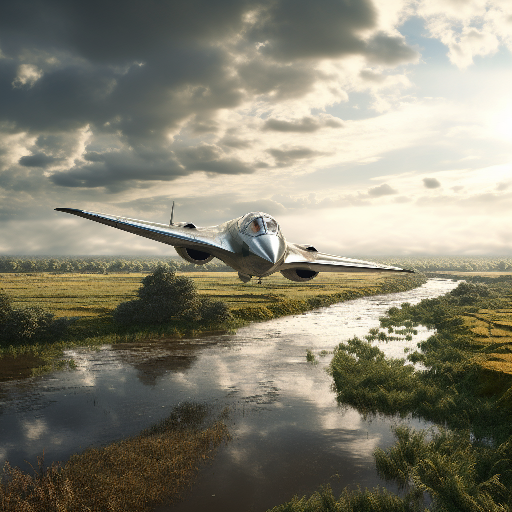 Vintage fighter plane flying over marshland