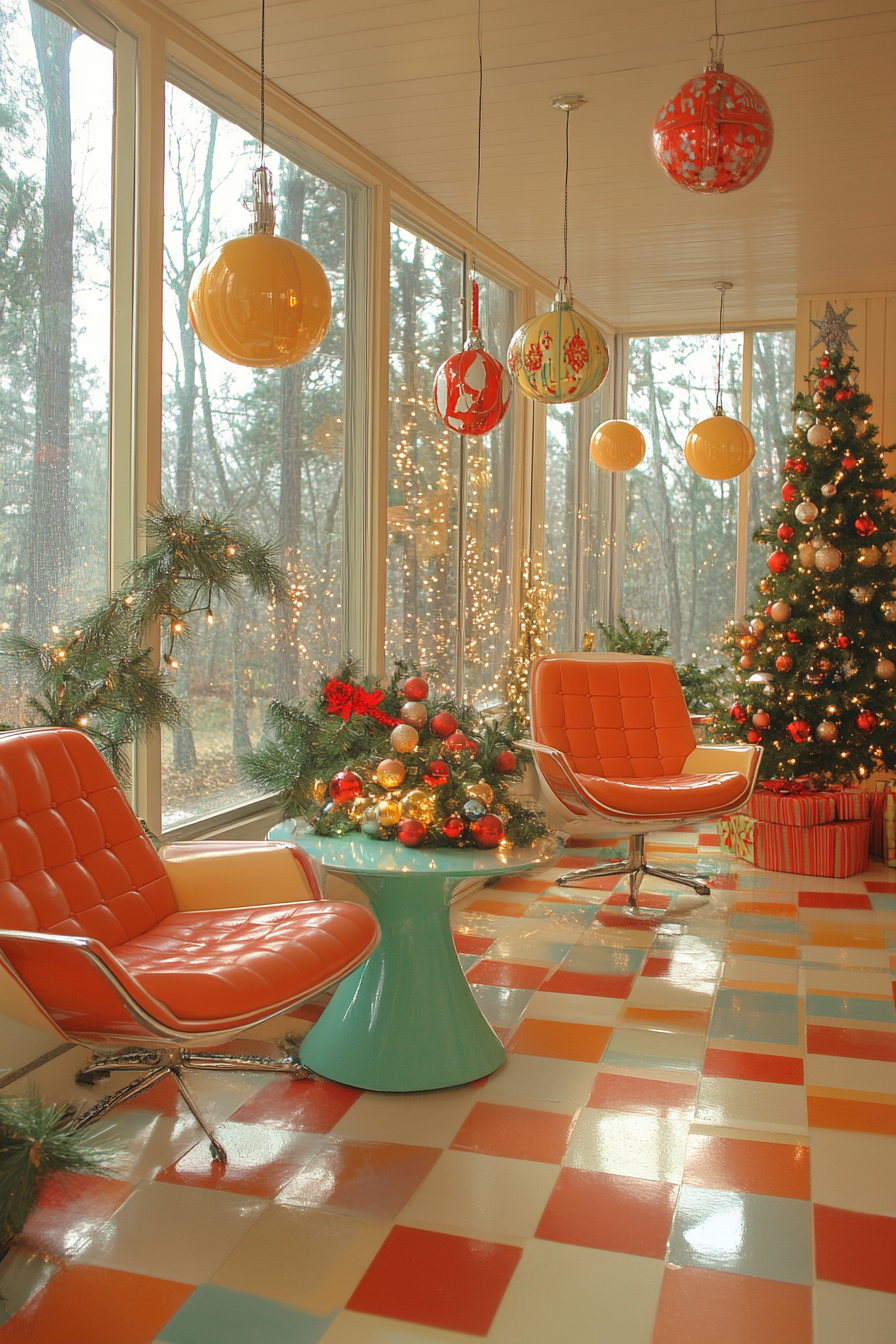 1960s Christmas sunroom with retro furniture and decor