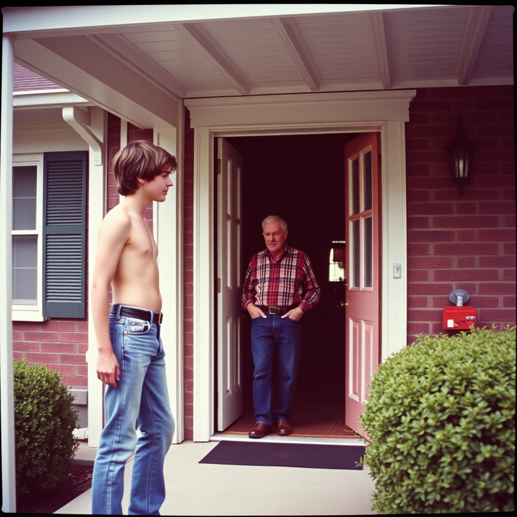 1970s Teen and Old Man Chatting on Porch