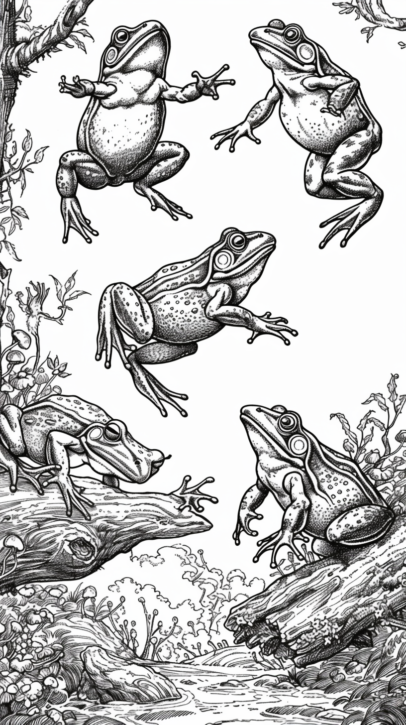 Joyous group of American bullfrogs jumping in landscape