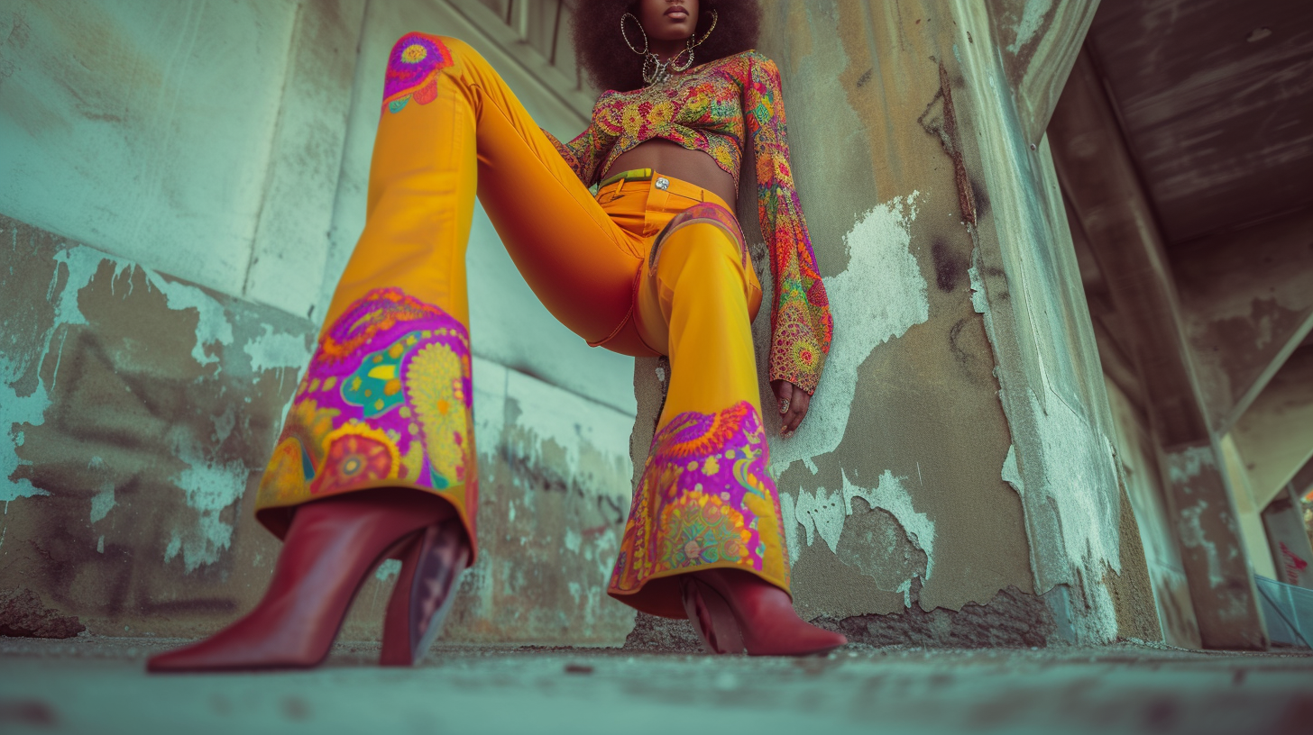 1970s fashion model in vibrant bell-bottoms