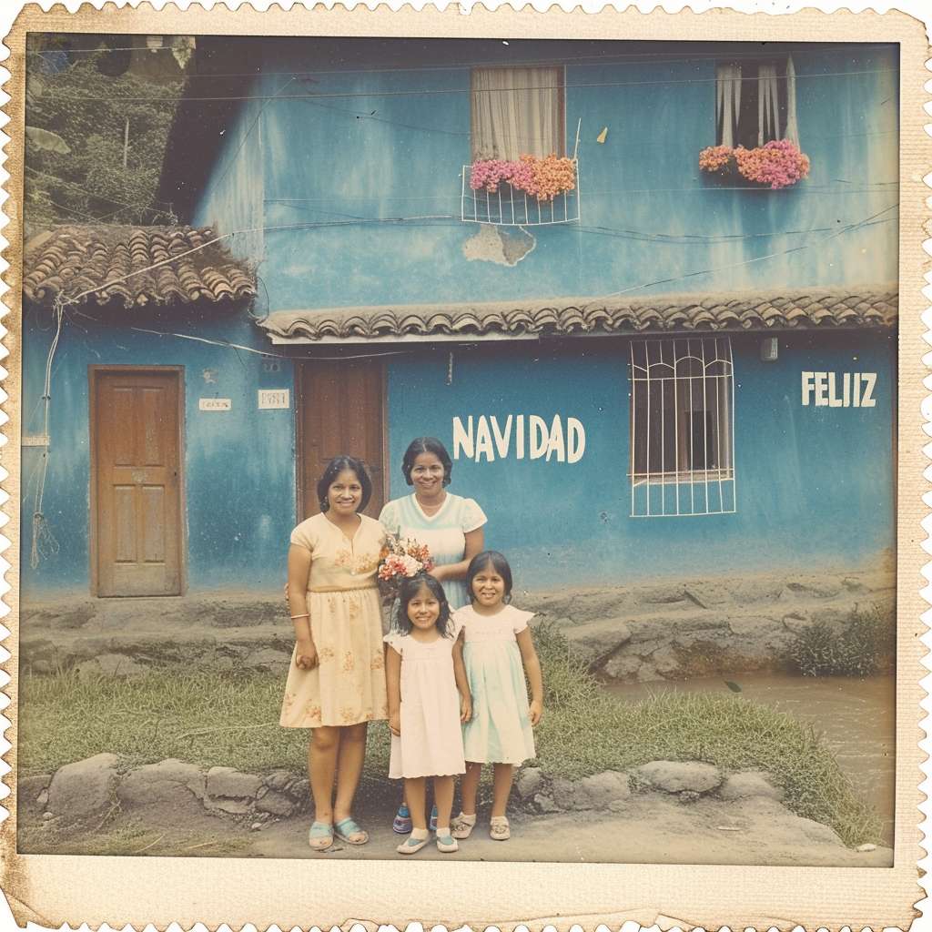 Mexican mother and daughters in 1970s Christmas card