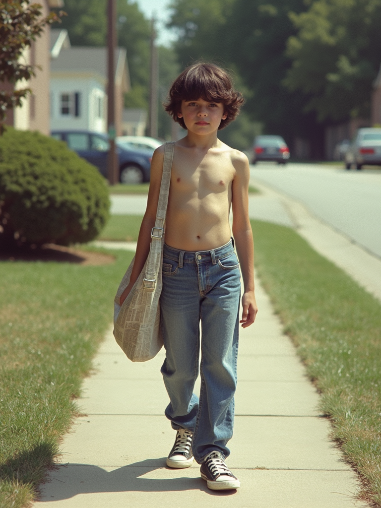 1980s Teenager Delivering Newspapers in Suburb