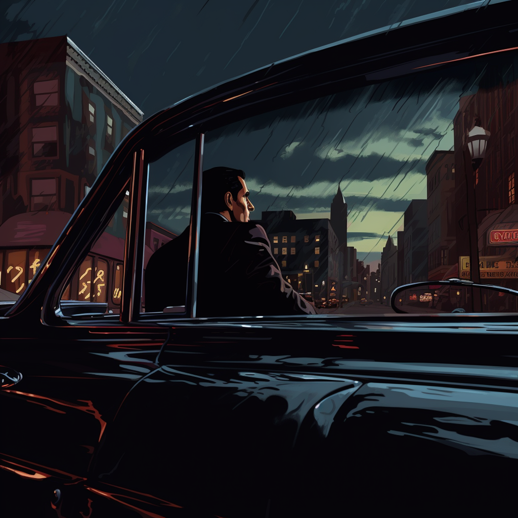 Mobster sitting in Buick, gazing at urban reflection