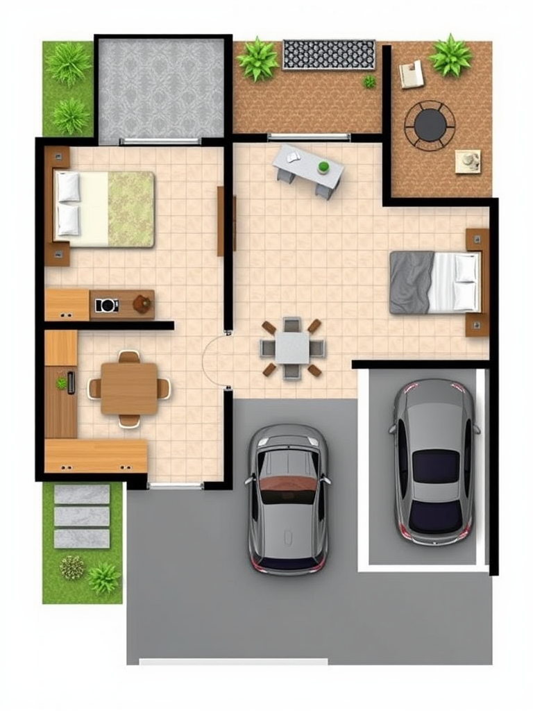 2-Bedroom Floor Plan with Living Area and Parking