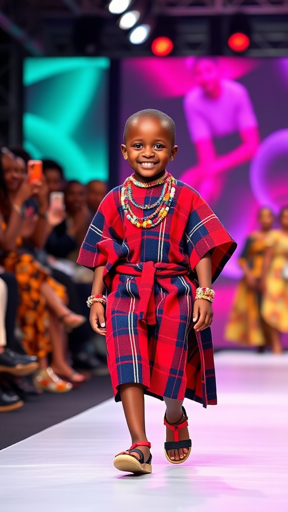 2-year-old Maasai boy in traditional attire strutting confidently.