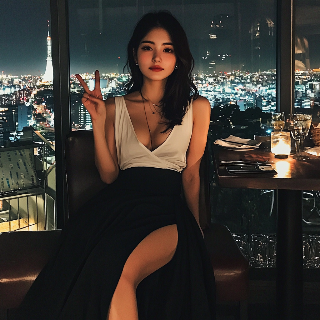 20-year-old Japanese actress with perfect makeup and stylish outfit.