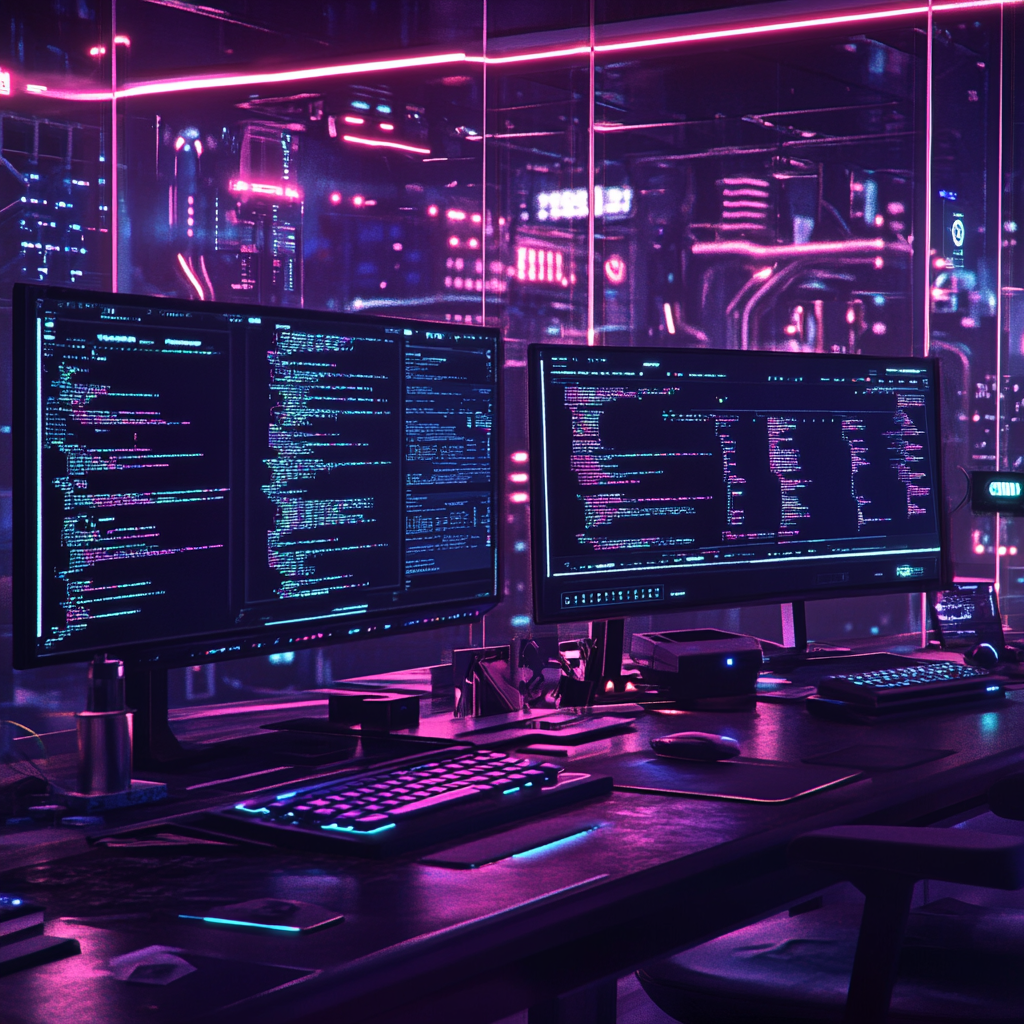 2024 Futuristic Workspace with Coding Computer Screens