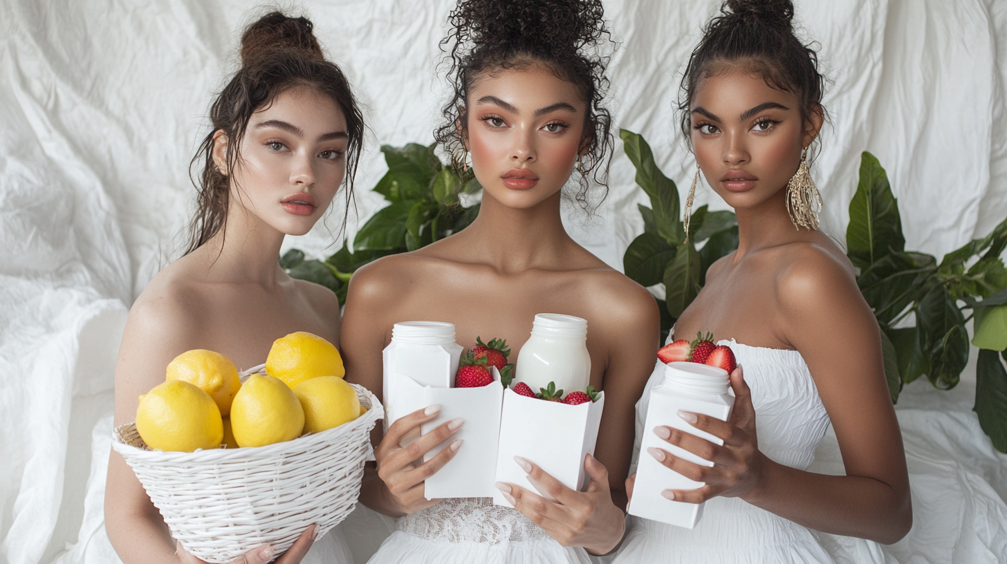 3 models holding milk cartons with fruits, white set.