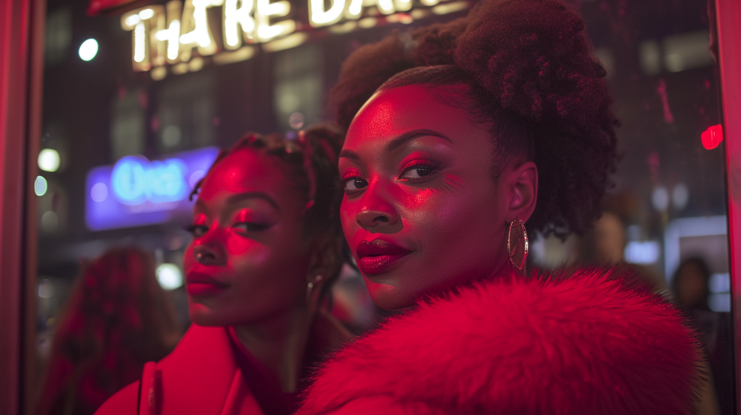 Two beautiful black women outside a bar