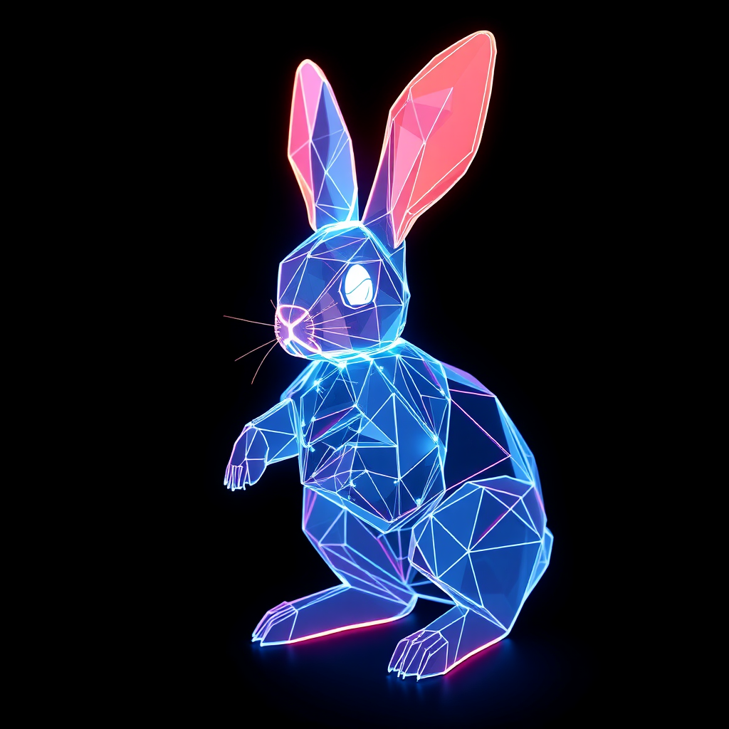 3D bunny made of neon fibers in black void.