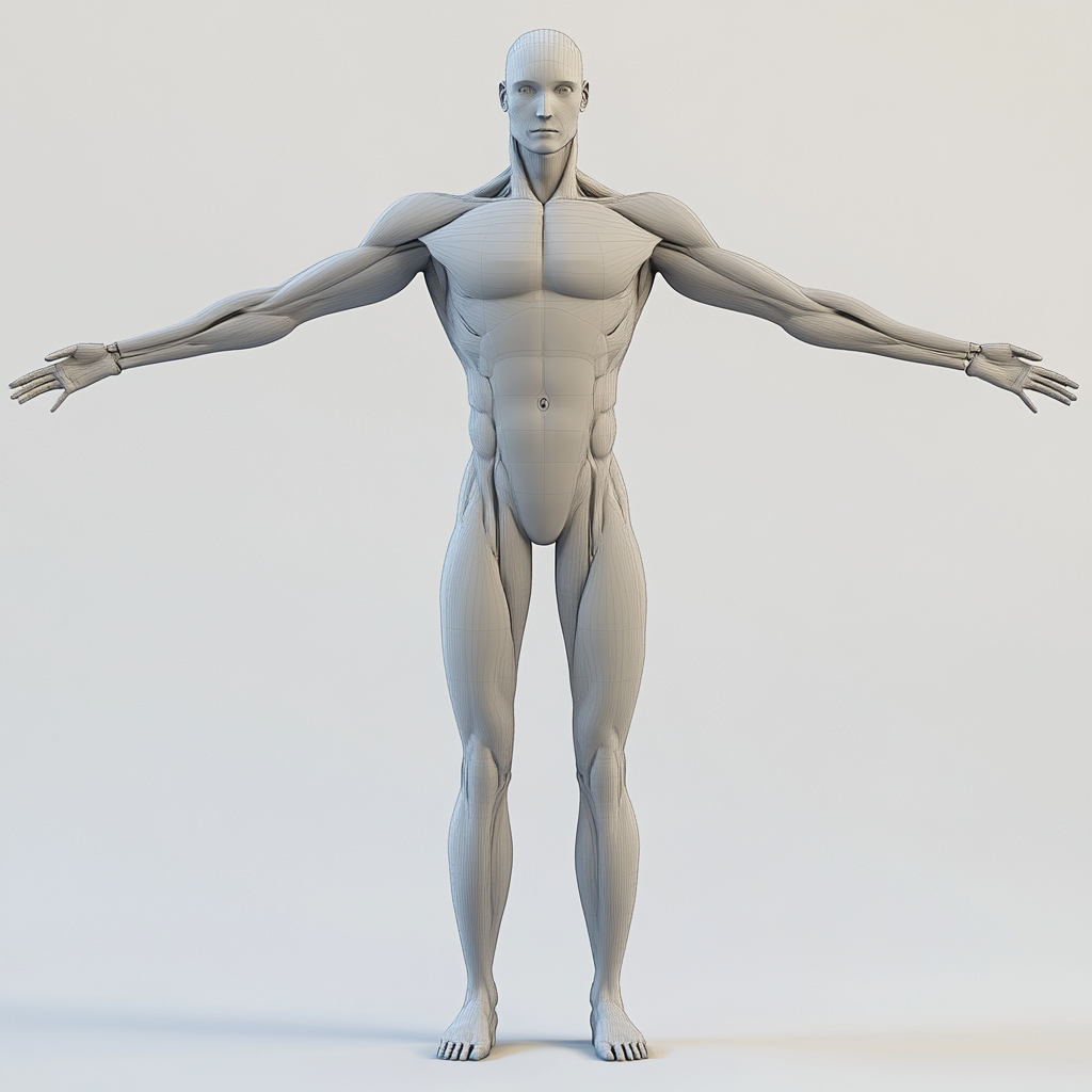 3D humanoid character model with realistic musculature and rigging.