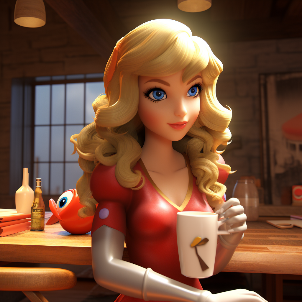 3D cartoon Taylor Swift drinking tea with Nintendo's Mario