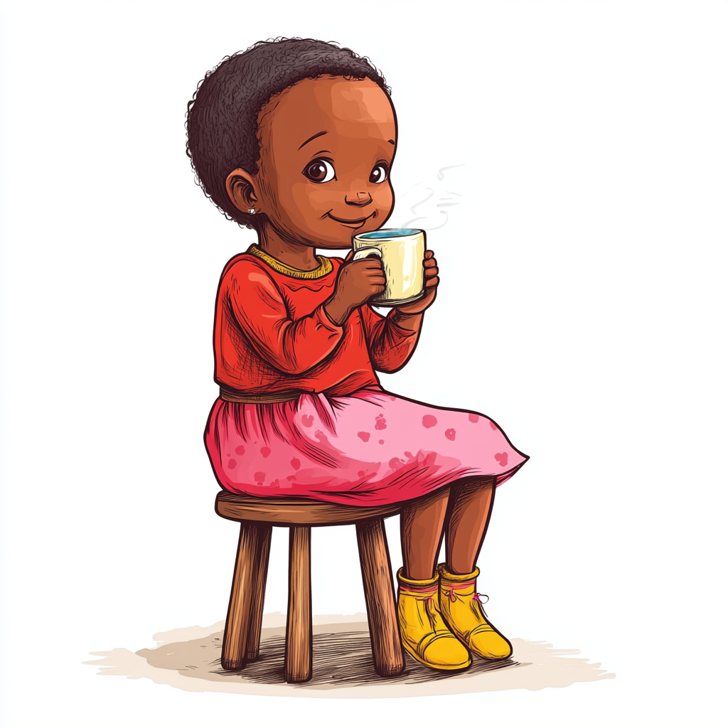 4-year-old South Sudanese girl sips hot tea, smiling.