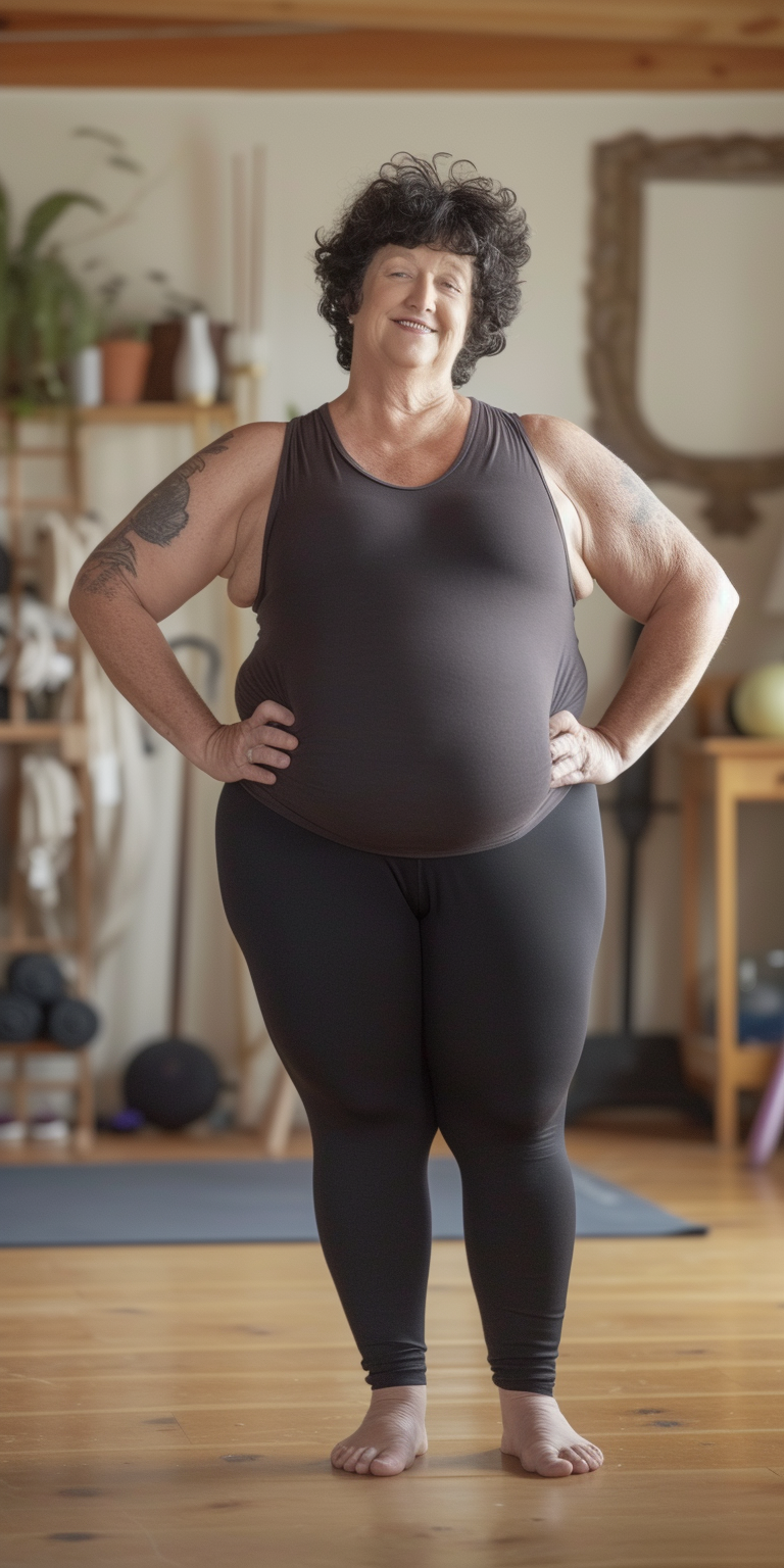 Smiling 60-year-old woman in yoga room