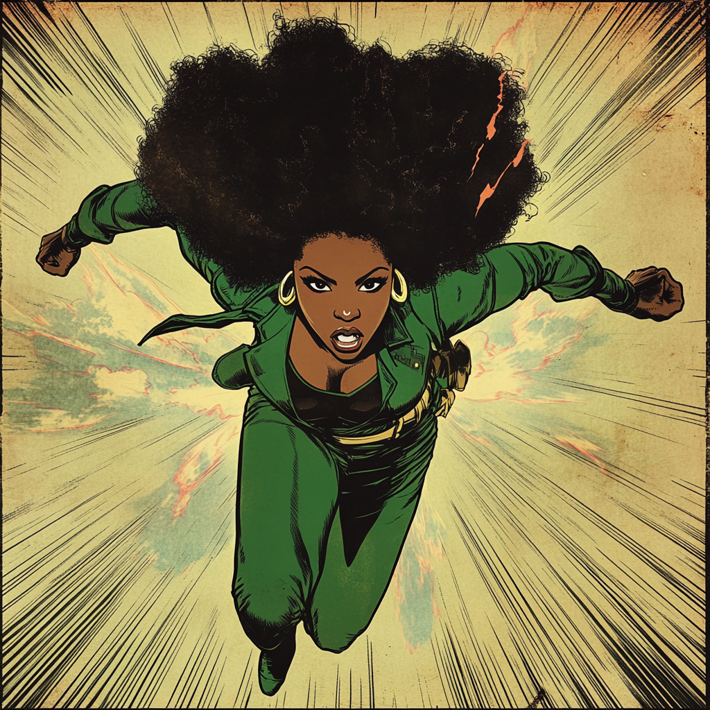 70s African American Superhero Woman in Green Jumpsuit