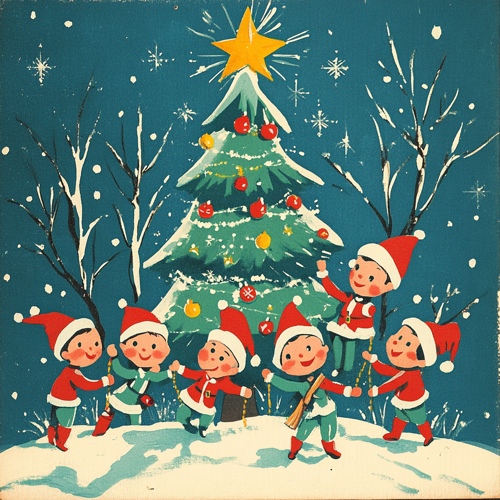 70s Retro Style Christmas Card Design with Elves