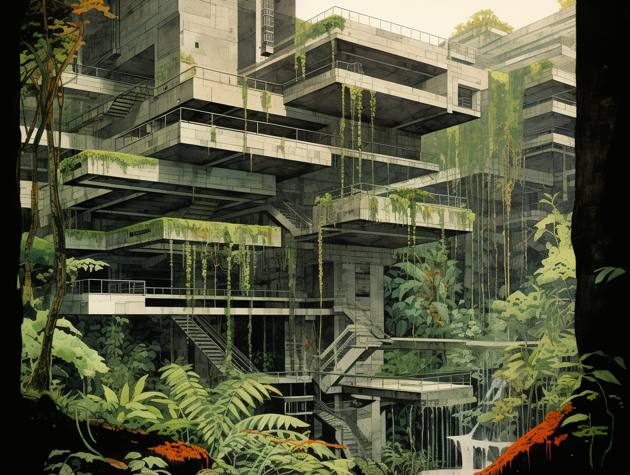 Grainy image of large brutalist building in rainforest