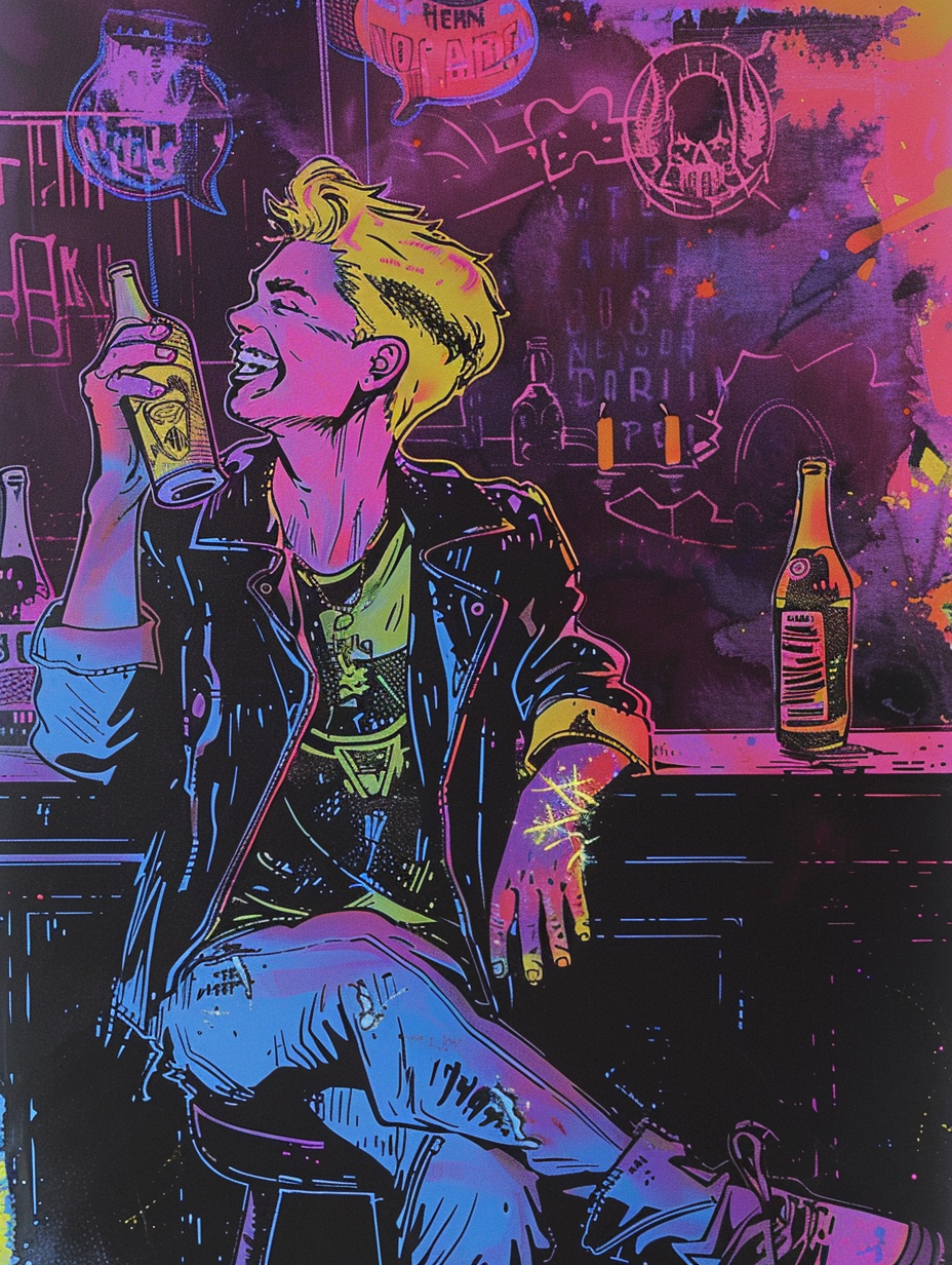 80's Man Enjoying Beer Under Neon Lights