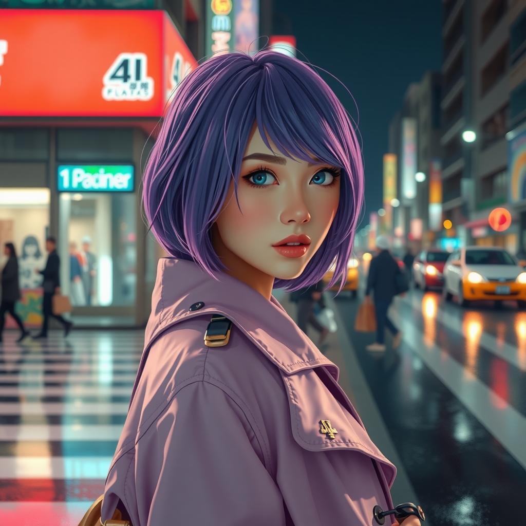 8k Photo Portrait of Stunning Woman with Violet Hair and Pastel Raincoat at Night Crosswalk