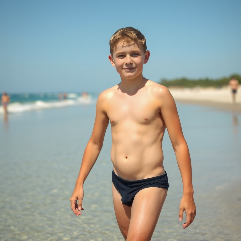 A 13-year-old chubby boy in a speedo on the beach