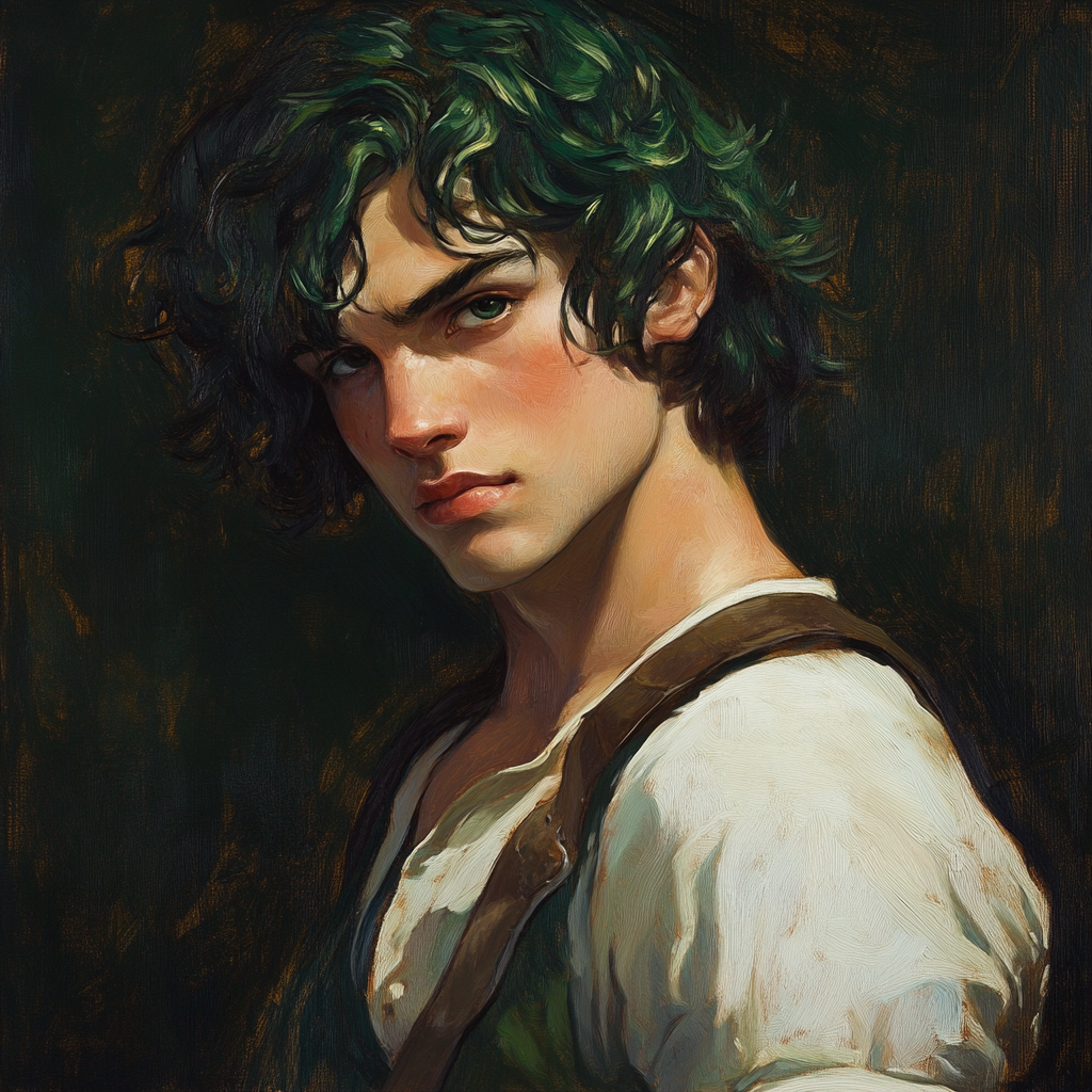 A 16-year-old bard with green hair portrait