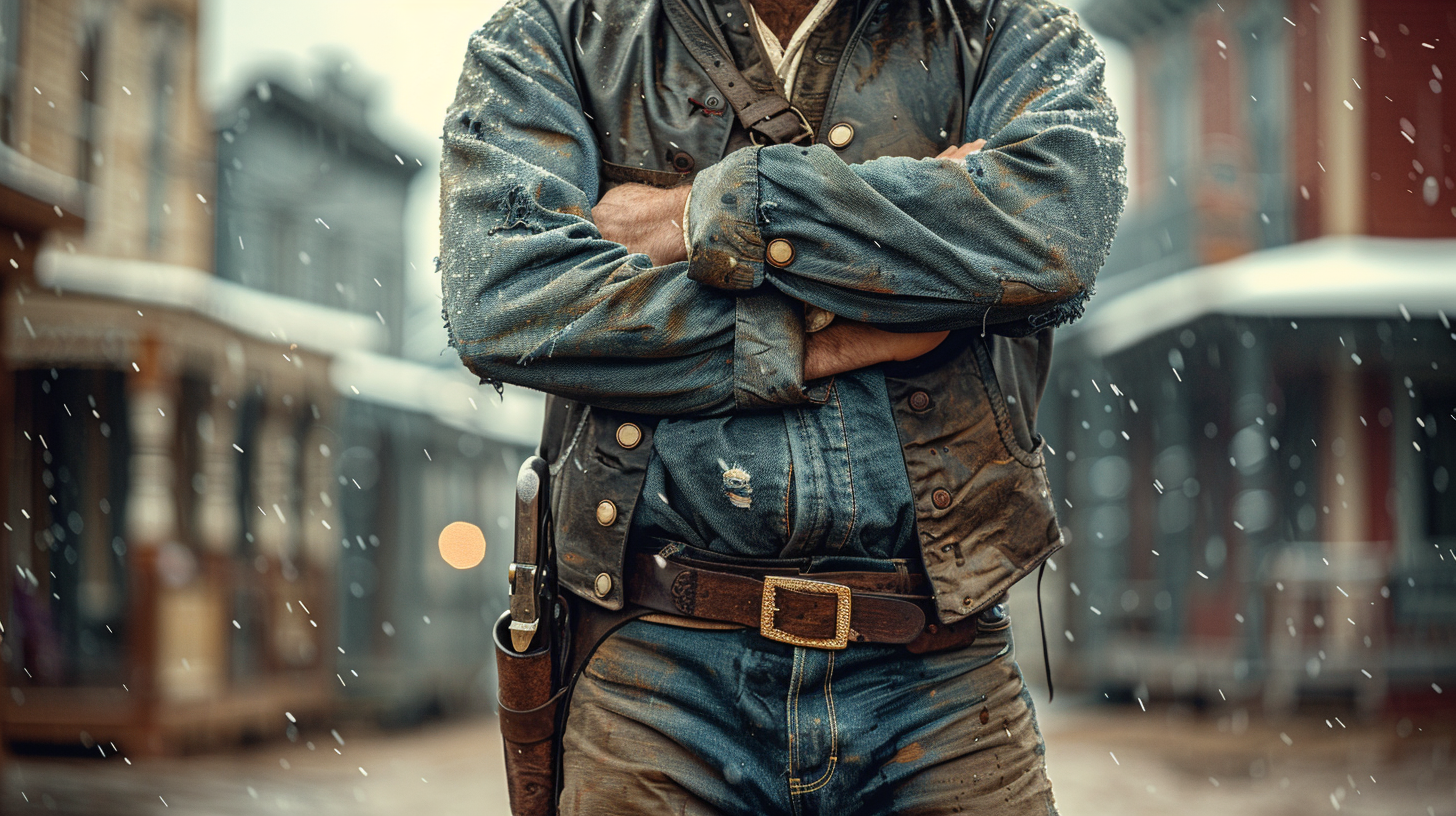 A 1880s Cowboy in Western Town Under Rain