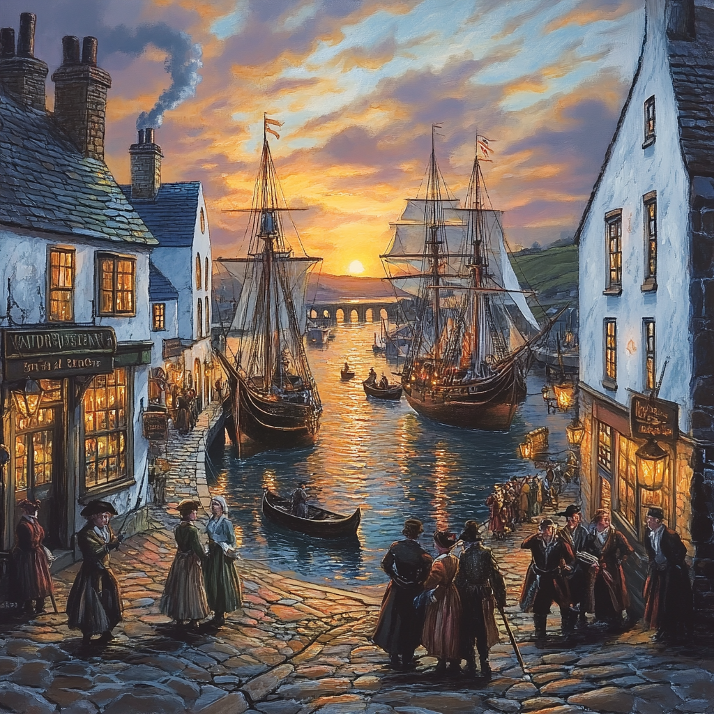 A 18th Century Cornish Harbor Scene at Sunset