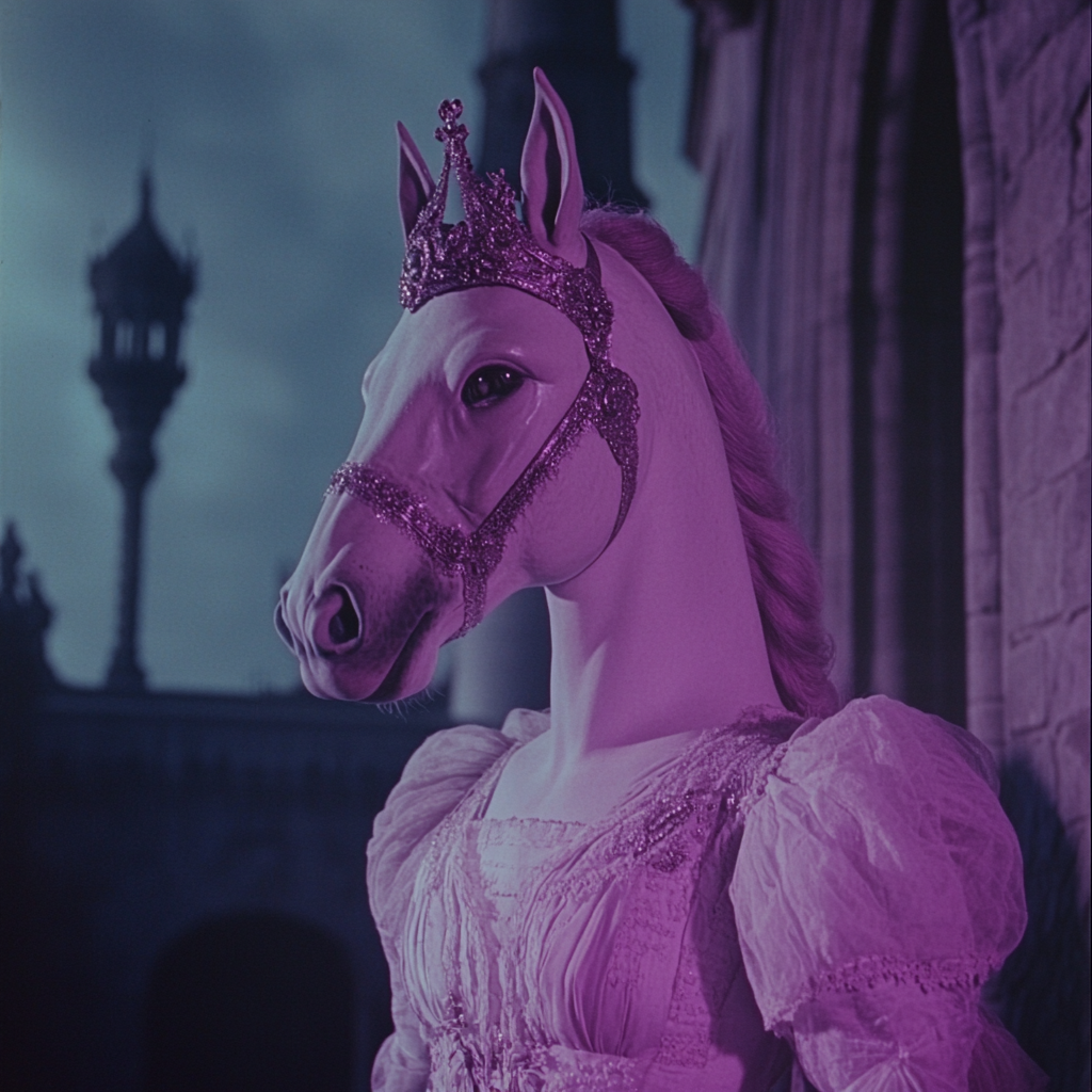 A 1950's Horse-headed Humanoid Outside Fantasy Castle