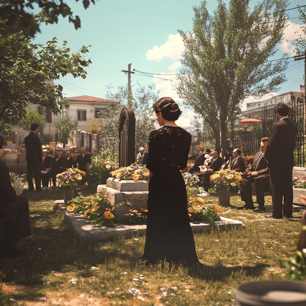 A 1970's Mafia funeral with woman in black