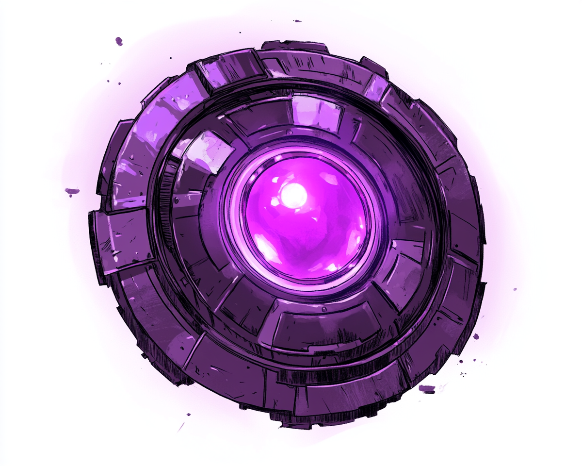 A 1970's style comic: Purple metal shield with core.