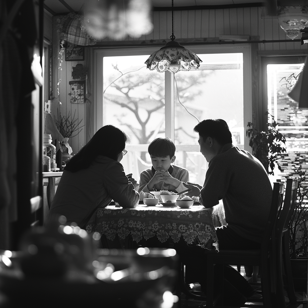 A 1990s Korean family enjoying dinner together