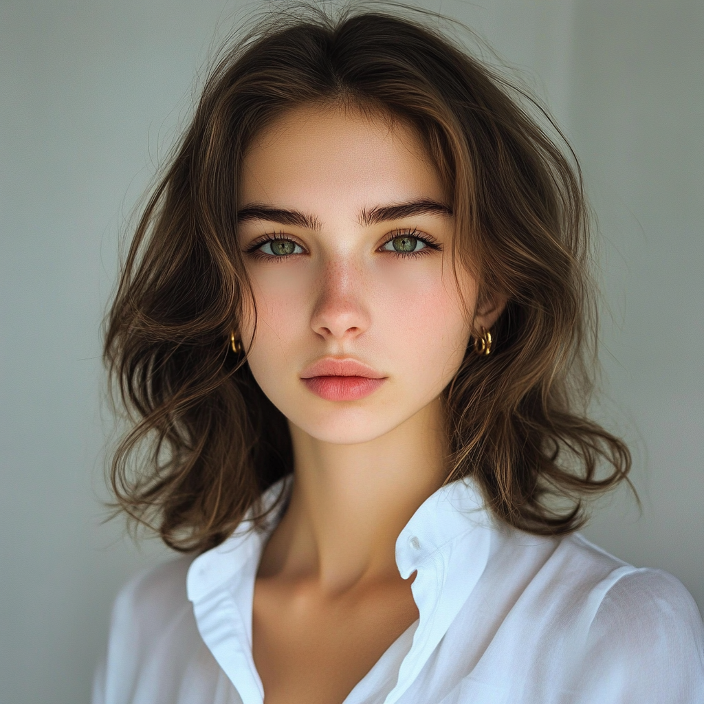 A 20-year-old girl with green eyes and gold earrings.