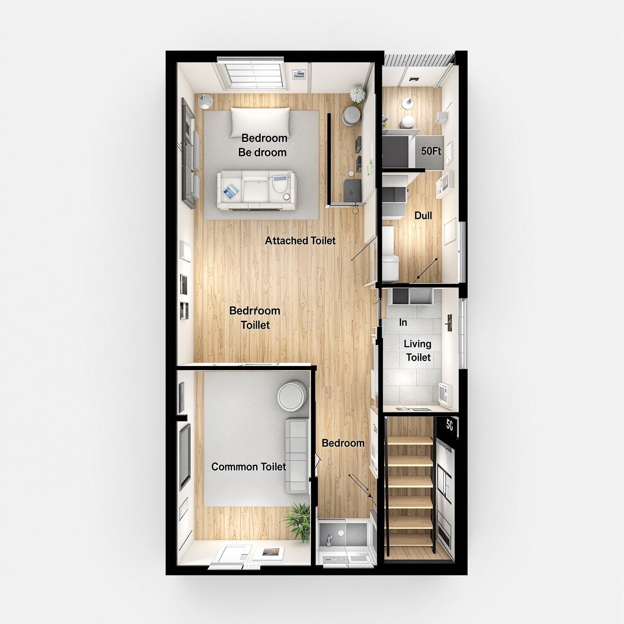 A 2D Floor Plan of a Two-Bedroom House