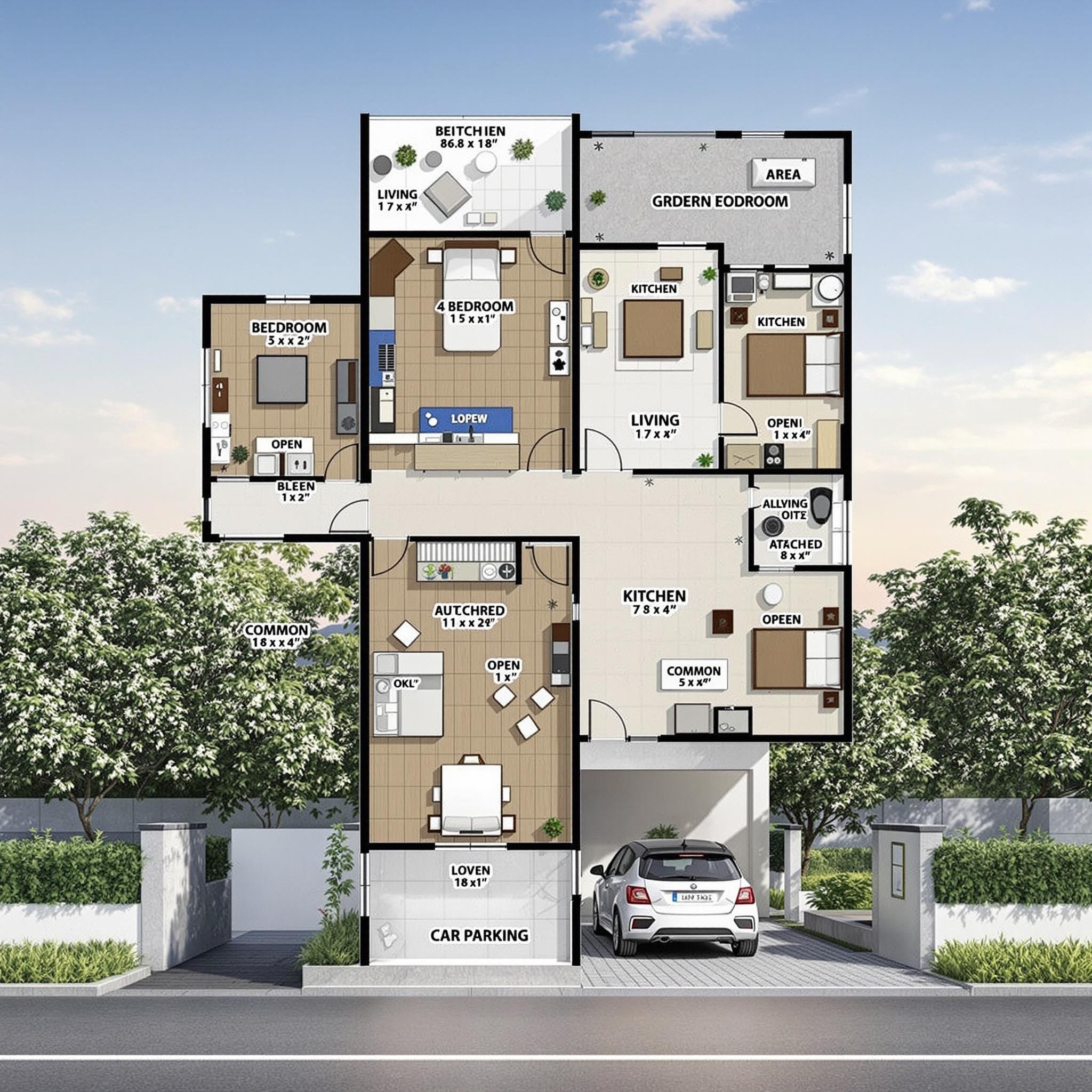 A 5-Bedroom House Layout with Open Sky Area