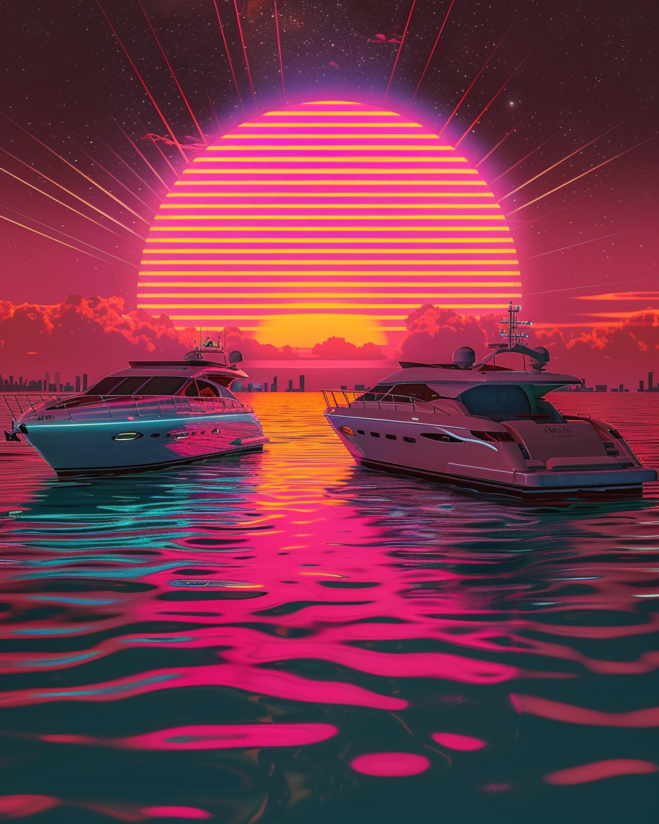 A 80's themed wallpaper with boats and skyline