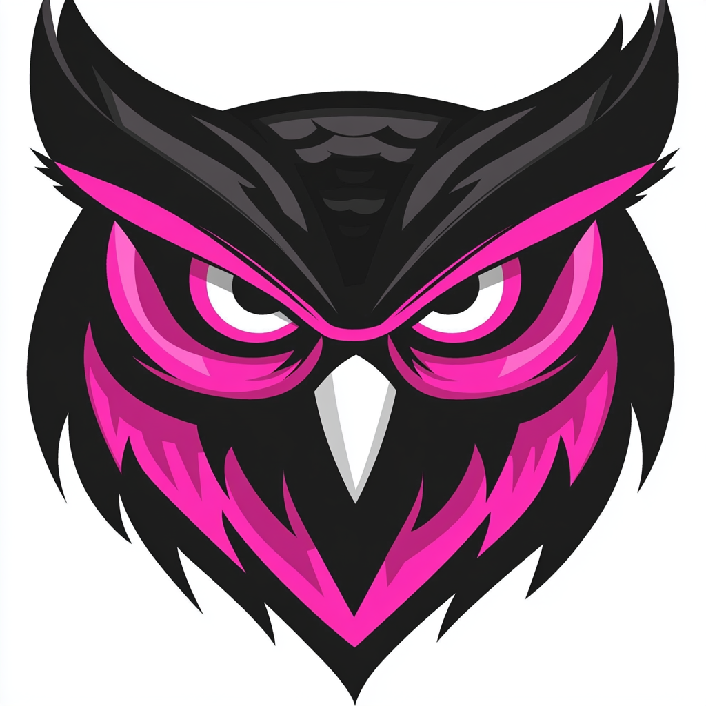 A Angry Owl Head Logo in Black and Pink