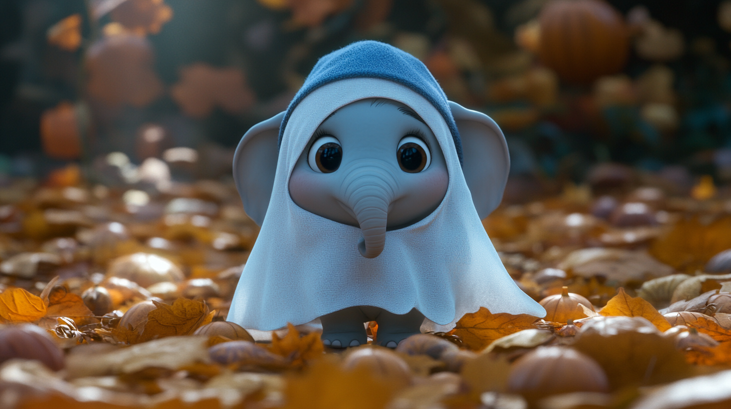 A Baby Elephant Dressed as Ghost for Halloween