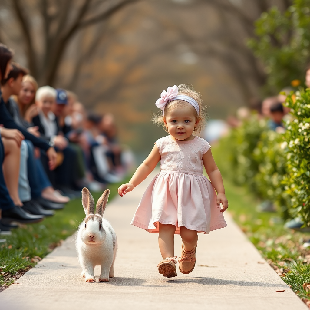 A Baby Girl Walking With Bunny at Fashion Show.