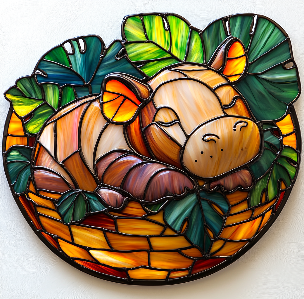 A Baby Hippo Sleeping in Leafy Basket Ornament