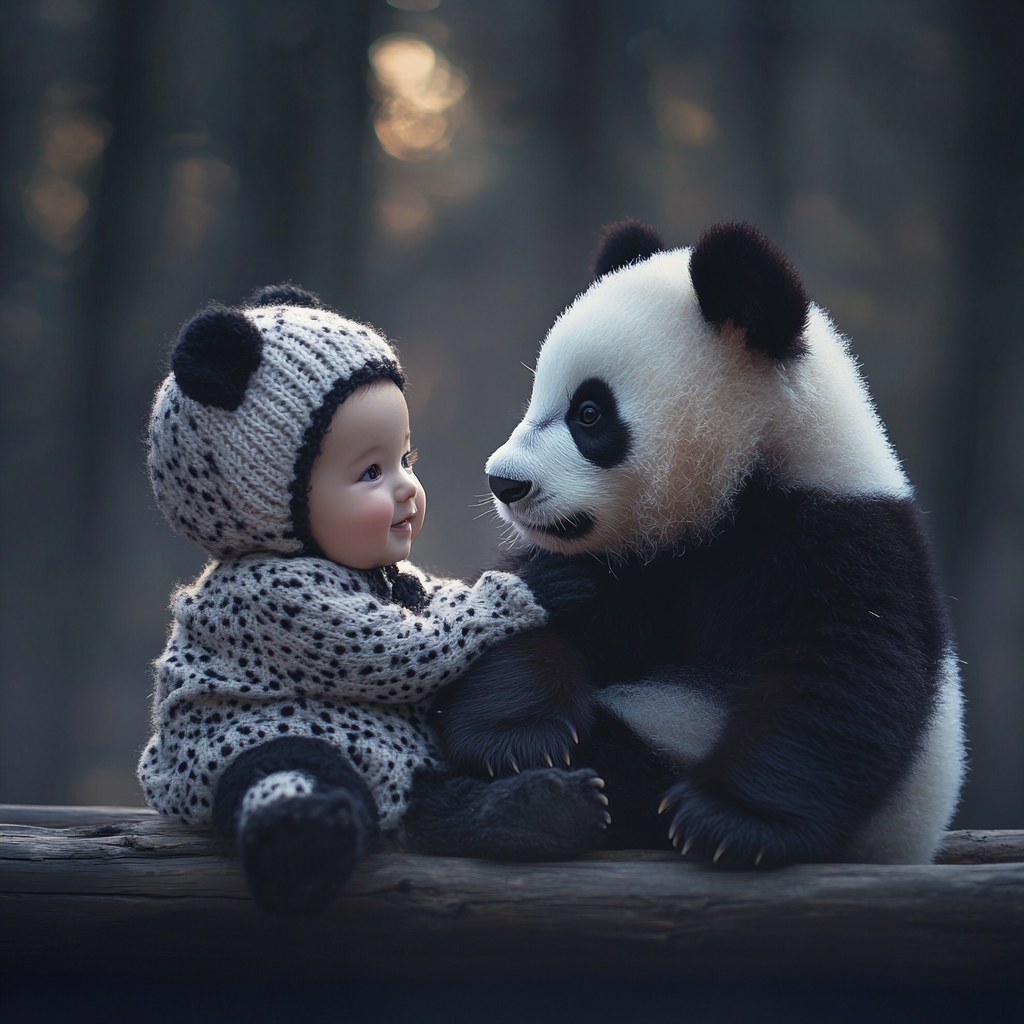 A Baby and Panda in Matching Outfits Bonding