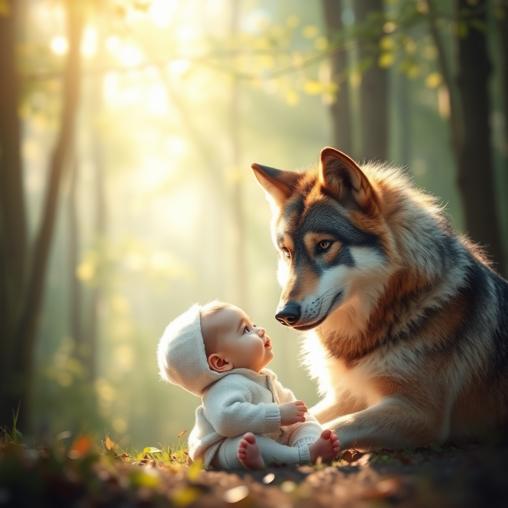 A Baby and a Wolf in a Magical Forest