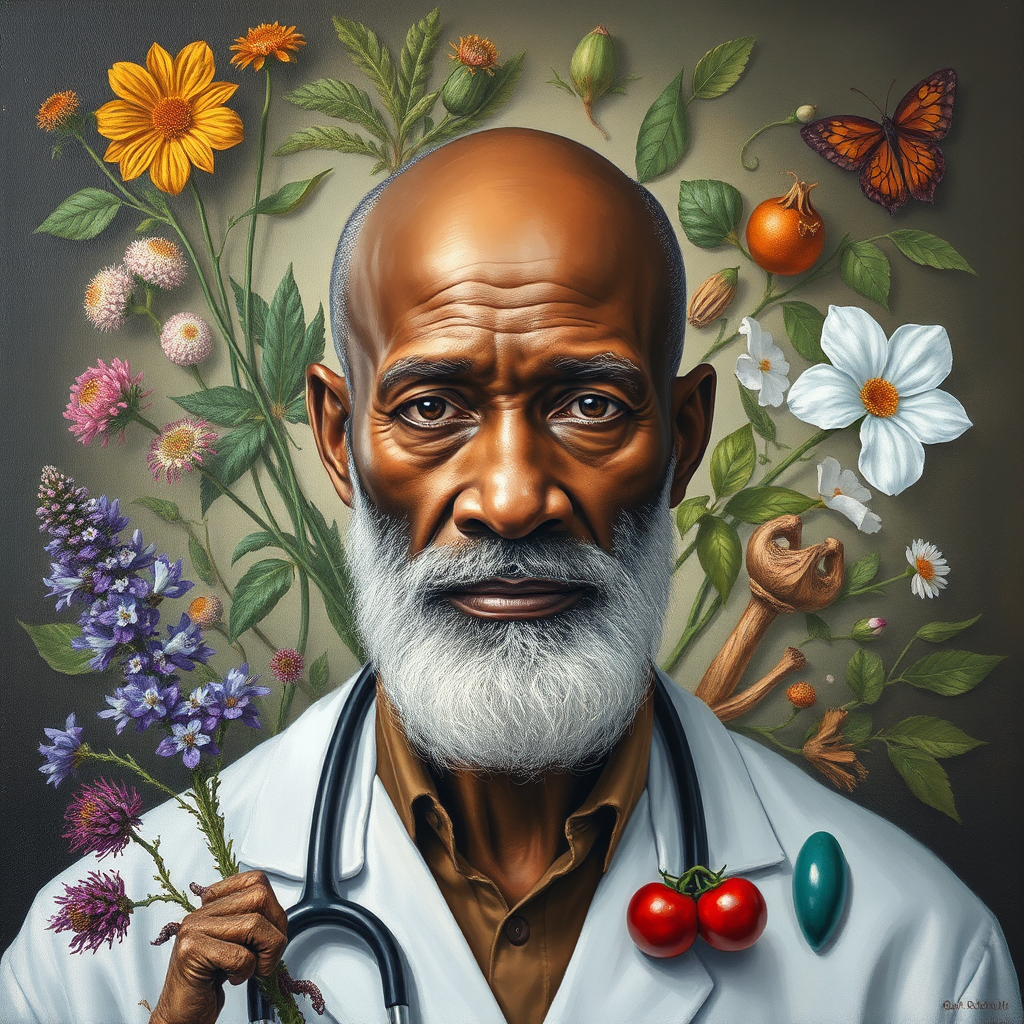 A Bald Dr. Sebi Surrounded by Medical Herbs